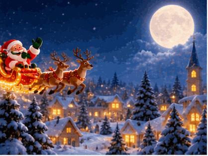 Père Noël dans son traîneau avec ses rennes